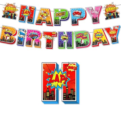 Feliz Cumpleaños Bandera,Banner de Fiesta Superhéroe Letrero de Puerta para Decoraciones de Suministros para Fiestas