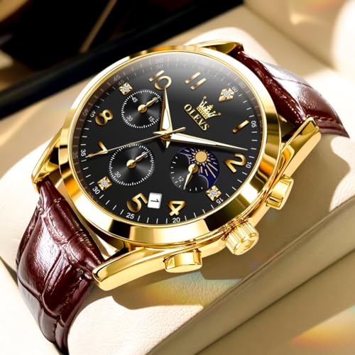 Image of OLEVS Men's Watches Brown Leather with Date,Casual Watches for Men,Large Face Watches Men,Chronograph Mens Watch,Sport Waterproof Business Dress Analog Quartz Men's Wrist Watches Reloj De Hombre