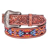BAR H EQUINE Hand Tooled Genuine Leather Crafted Unisex Brown Western Belt Beaded Carving Small | Bead Belts for Women Men