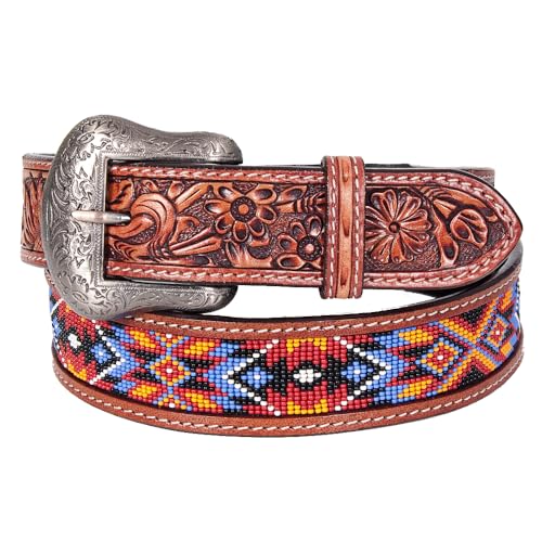 BAR H EQUINE Hand Tooled Genuine Leather Crafted Unisex Brown Western Belt Beaded Carving Small | Bead Belts for Women Men
