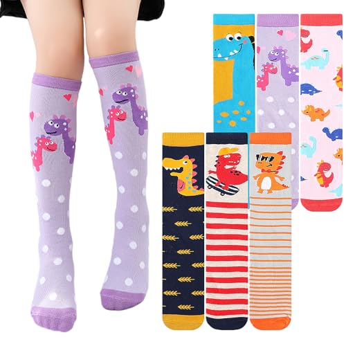 PHOGARY 6 Pairs Girls Knee High Socks, Cute Socks Colorful Cartoon Animal Warm Cotton Socks Crazy Funny Kids Odd Socks Mid Calf Long Boot Socks for 3-12 Years Girls, One Size (Dinosaur)