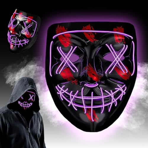WELLXUNK Máscara de Halloween LED, com 3 modos de luz, máscara de terror LED, máscara de néon, para Halloween, carnaval, festa, cosplay decoração (roxo)