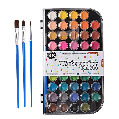 48 Colors Watercolor Paint Set, Shuttle Art Watercolor Pan Set with 3 Paint