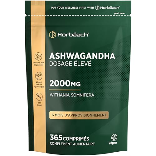 Ashwagandha 2000 mg par Jour | 365 Comprimé Vegan Pour 6 Mois | Ashwagandha Extrait Withania Somnifera 20:1 | Complément Alimentaire Haute Résistance | par Horbaach