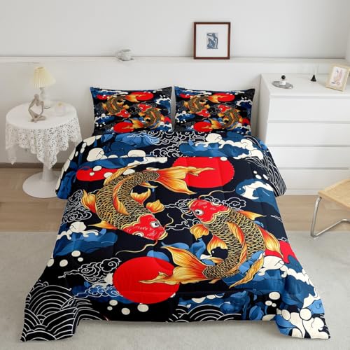 Image of Feelyou Japanese Bedding Set Japanese Ukiyoe Fish Comforter Set for Kids Boys Girls Teens Decor Ocean Surfing Koi Comforter Exotic Quilt for All Season 2Pcs Twin Size with 1 Pillow Case