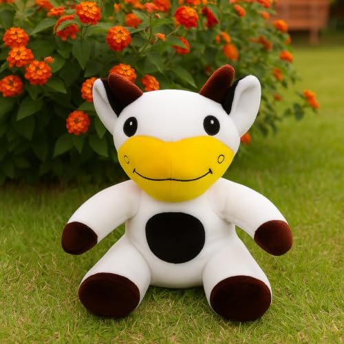 Image of 25 cm Sitting Cow Soft Toy, White and Black Spots, Plush