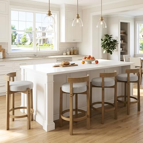 Image of CIMOTA 26.5 inch Counter Height Bar Stools Set of 6, Mid Century Modern Low Back Bar Chairs with Solid Wood Legs & Linen Upholstered Seat, Kitchen Island Stools, Light Grey