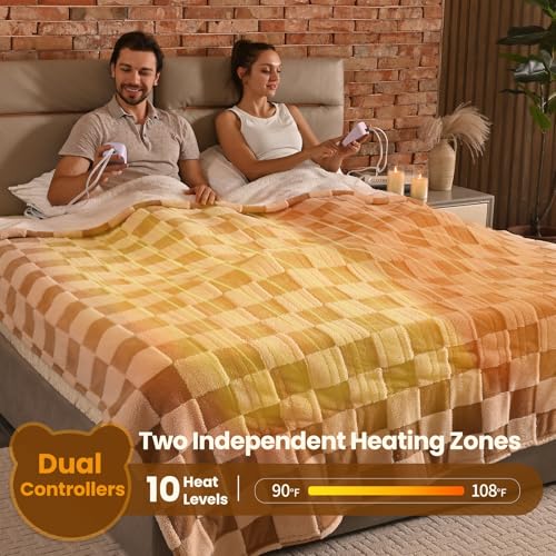 Image of Bearhug Heated Blanket King Size 100 inch x 90 inch Dual Controller Electric Blanket, Reversible Brown Plaid Sherpa Heating Blanket, 10-Heat Levels & 1-12H Auto Off, ETL, Machine Washable