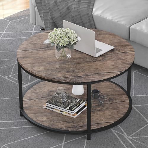Image of NSdirect Round Coffee Table, 27.5 inch Small Coffee Table for Living Room,2-Tier Rustic Wood Desktop with Storage Shelf Modern Design Home Furniture(Light Walnut)