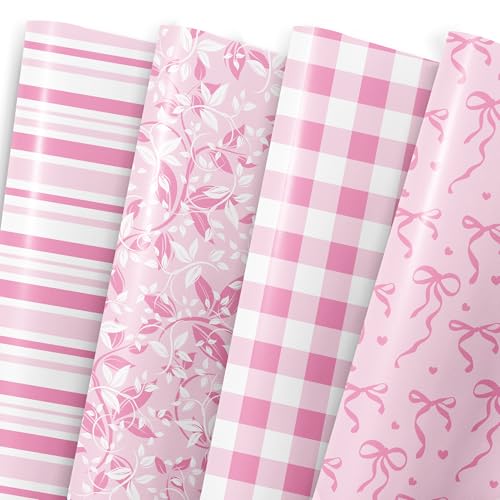 MotiGiftie Pink Wrapping Paper Sheet - 8 Sheets Folded Flat Gift Wrap with Cute Ribbon Bow Pink Plaid Stripes and Leaves Design for Girl Baby Shower Birthday Wedding - 20 X 28 Inch Per Sheet