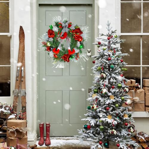 24 Inch Pre-lit Christmas Wreath for Front Door, Battery Operated Xmas Wreath with 20 LED Lights and Elf Legs Boots Christmas Ball Ornaments Bows for Home Winter Holiday Decor