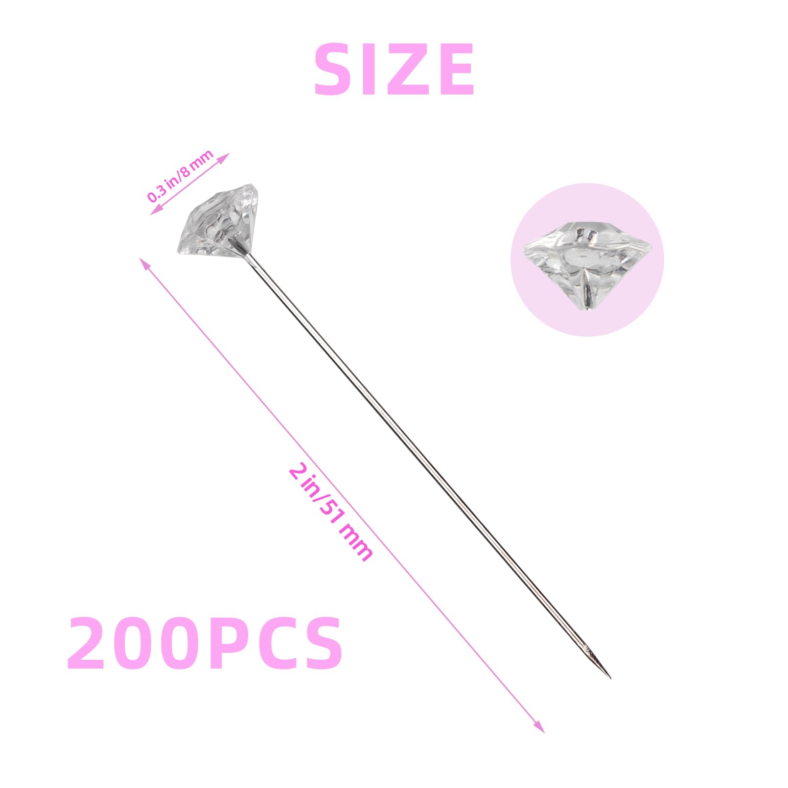 hitsuki 200pcs Diamond Pins for Flower Bouquets, Floral Pins for Wedding Bouquets, Clear Rhinestone Corsage Pins for Flower Accessories, Straight Pins Sewing for DIY Crafts