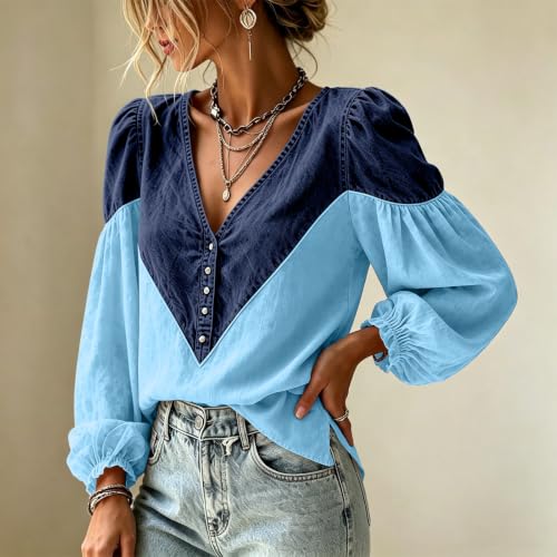 Floral Tops for Women Button Denim Patchwork Puff Long Sleeve V Neck Shirts - image 3