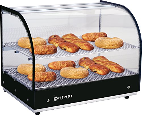 HENDI Warmhaltevitrine, Temperatur regelbar bis 85°C, große Glasture, mit heraunehmbarer Krümelschublade, inklusive 2 feinmaschigem GN 1/1 Rost, doppelt, 230V, 400W, 554x376x(H)432mm, Edelstahl