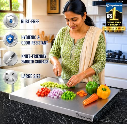 Image of OrganizeMee Premium (35x30cm) Stainless Steel Chopping Board | Steel Kitchen Counter top for Cutting, Vegetable Chopper, for Meat & Veggies Items, Chopping Board Steel pad (Medium Platform)