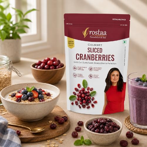 Image of Rostaa Gourmet Sliced Cranberries 200g | Premium Dried Cranberries Rich in Antioxidants, Fiber & Vitamin C | Supports Immunity, Digestion & Heart Health | 100% Natural Healthy Snack (1000 GM)