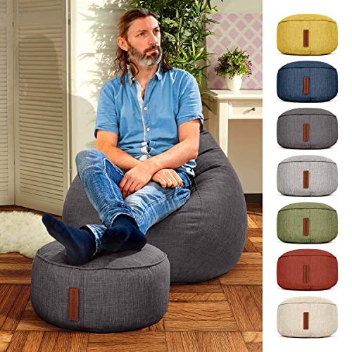 Green Bean Sitzsack-Hocker Home Linen rund 45x25cm mit EPS-Perlen Füllung - Fußhocker Sitz-Pouf für Sitzsäcke - Bodenkissen für Kinder und Erwachsene - Sitzkissen Sitzhocker Dunkelgrau