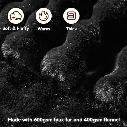 Faux Fur Throw Blanket, 1000GSM Fluffy Soft Bubble Blanket for Couch Bed, Cozy Plush Warm and Thick Blanket, Fuzzy Rabbit Lola Throw for Living Room Bedroom 50''*60'' Black