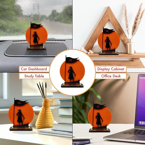 Image of Chatrapati Shivaji Maharaj Acrylic Idol | Decorative Table Showpiece with Orange Background & Silhouette Design | Car, Home, Office & Gift Decor, 4 Inch