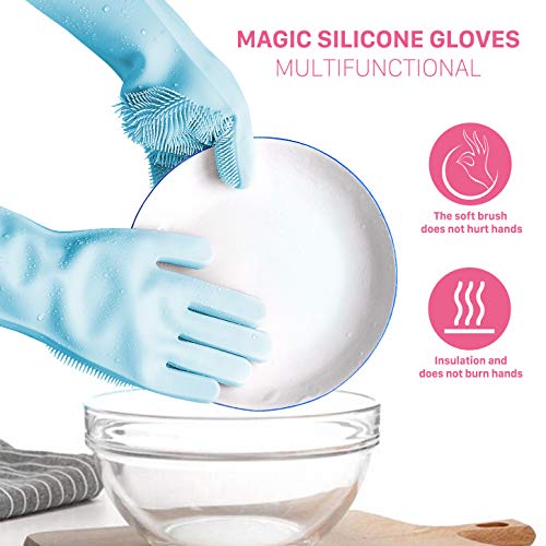 ANZOEE Reusable Silicone Dishwashing Gloves, Pair of Rubber Scrubbing Gloves for Dishes, Wash Cleaning Gloves with Sponge Scrubbers for Washing Kitchen, Bathroom, Car and More (Gray) (Blue)