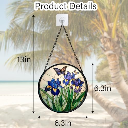 Image of DASTOLL Stained Glass Window Hanging, Blue Purple Butterfly Flower Suncatcher Diamond Colorful Glass Panel Sun Catchers Decor for Birthday for Women, Men, Wife, Aunt, and Mom 6.3 in