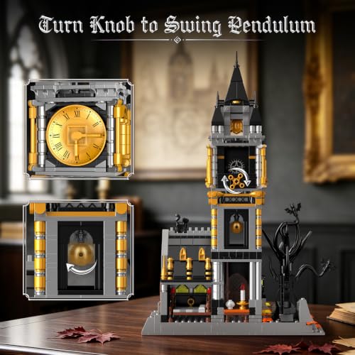 Image of Vziimo Magic Clock Tower Building Set, Gothic Haunted House Decor Model Kit with Black Cat & Animals, Medieval Castle MOC Creator Gift for Adults Teens Age 14+ (1232 PCS)