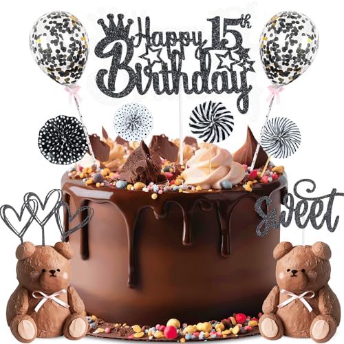 ZWWsullo Glitter Cake Topper Happy 15th Birthday Decoration 15 Boy Girl Birthday Cake Decoration 15 Happy Birthday Girls Boys Black Cake Decoration Birthday CakeTopper