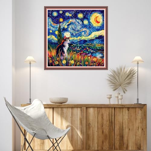 Image of Dooxvey Cross Stitch Kits for Adults Beginners,Full Range of Cross-Stitch Stamped Kits Needlepoint Kits for Beginners Embroidery Kits 11CT Cross Stitch Patterns-Cat Van Gogh's Starry Night. 18x18 inch