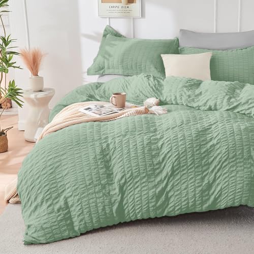 Image of HYMOKEGE Sage Green /Light Grey King Size Comforter Set Seersucker 7 Pieces, All Season Luxury Bed in a Bag for Bedroom, Bedding Set with Comforter, Sheets, Pillowcases & Shams