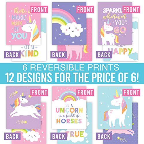 Image of Hadley Designs 6 Unicorn Room Decor for Girls Bedroom - Unicorn Wall Decor Posters for Kids, Reversible Unframed Wall Art Pictures for Toddlers & Girls Bedroom Decors, Made in USA