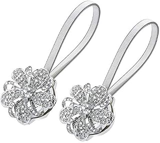 Sycle circle 2 Pack Magnetic Curtain Tie Backs, Decorative Crystal Curtain Holdbacks for Bedroom, Living Room, Office (Silver Flower)