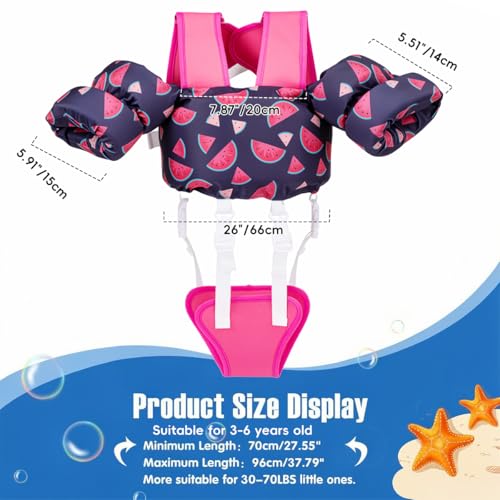 Image of Proberos Kids Swim Vest Cartoon Print, Non-Inflatable Child Buoyancy Float Jacket with Adjustable Straps & Crotch Safety Strap, Lightweight Swimming Aid for Toddlers and Children Age 3-6-Pink