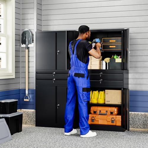 Image of Yizosh Metal Garage Storage Cabinet with Locking Doors and Adjustable Shelves, 71 inch Tool Storage Cabinet with 2 Drawer for Garage,Warehouse