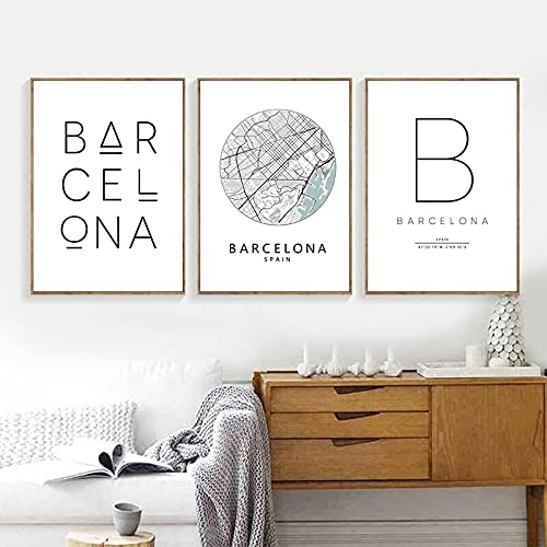 Affiche de Barcelone 50x70cm, triptyque carte de la ville en toile moderne sans cadre
