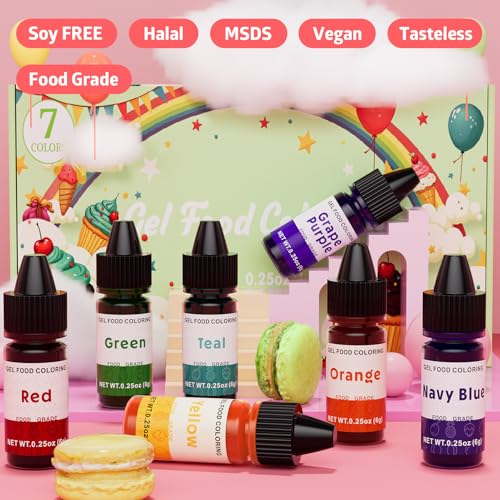 Image of Gel Food Coloring Rainbow Edible Food Dye Set for Baking Royal Icing Cookie Supplies Gluten Free 7x6g Food Grade Liquid Food Color Kit, 0.25 Fl. Oz /Bottles