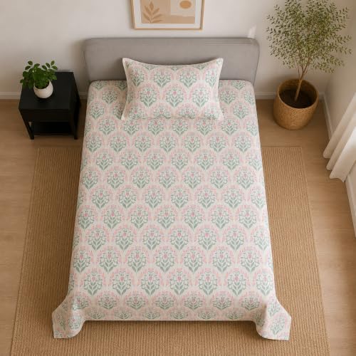 Image of Linen Home Cotton Percale Flat Bedsheet Set Single Size Sequence Pink