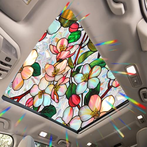 Image of JOONOR Crabapple Blossom Flower Sunroof Film Floral Rainbow Effect Static Clings Window Privacy Film Sun Protection Stained Glass Decals for Car Moonroof & Side Windows, 17.72 x 35.43 Inch