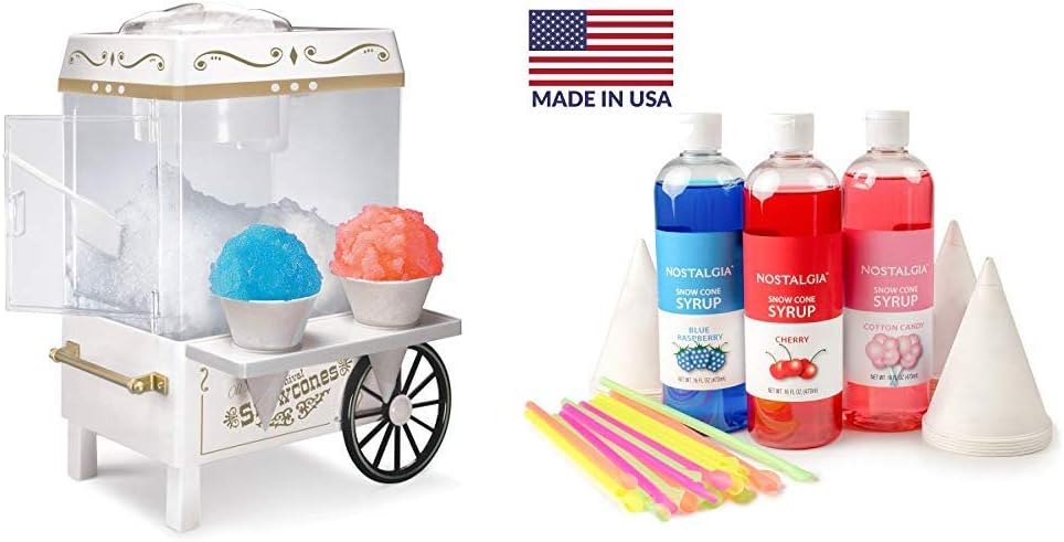 Nostalgia SCM525WH Vintage Countertop Snow Cone Maker with Snow Cone Syrup Party Kit