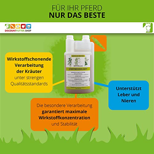 ESTELLA Stoffwechselsaft (1Liter) I Stoffwechsel Pferd, hoch konzentrierter Kräuterextrakt, Kräutersaft mit Brennnessel, unterstützt die Niere und Leber des Pferdes