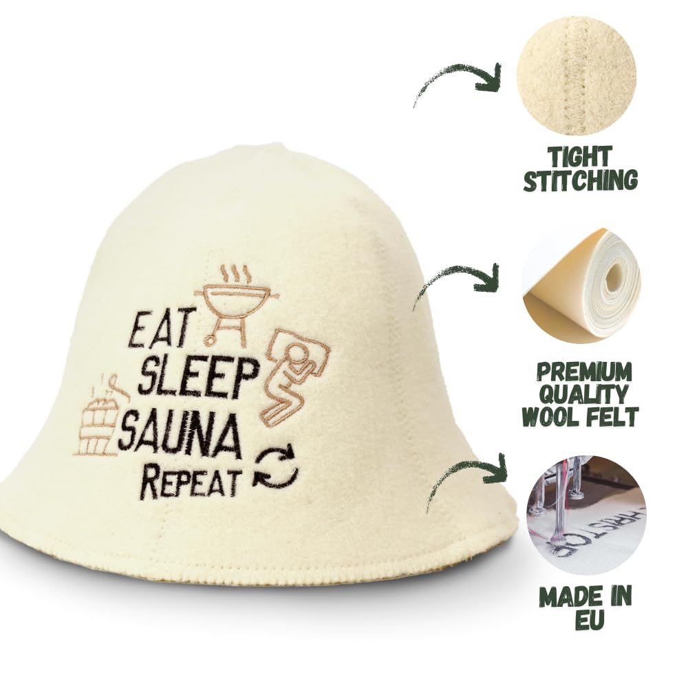 Saunahut 'Eat, Sleep, Sauna, Repeat' White - 100% organische Wollfilzmützen - Schützen Sie Ihren Kopf vor Hitze - Englische Sauna E-Book Handbuch inklusiv - mit Stickerei