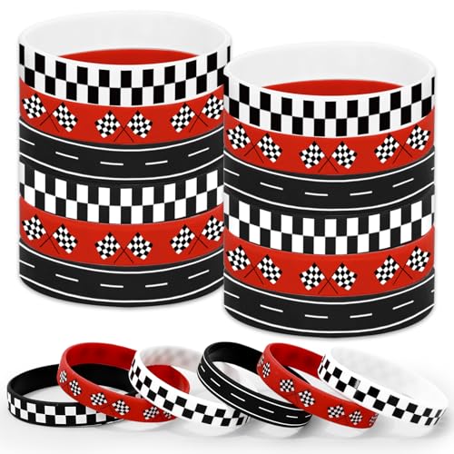 JarThenaAMCS 36 Pcs Racing Car Silicone Wristband Red Black Checkered Flag Rubber Bracelet for Baby Shower Birthday Party Favor Supplies, 4 Designs
