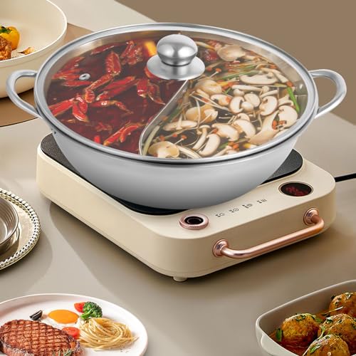 Hot Pot Topf Dualer Hotpot heißer Topf Edelstahl mit Glasdeckel und Unterteilungen, Doppelseitig, Chinesischer Feuertopf 28cm – Bild 5