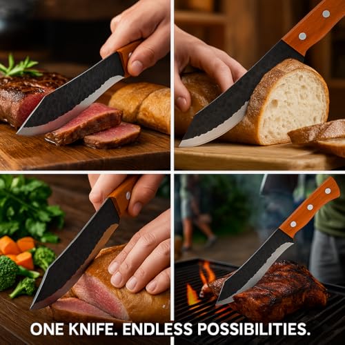 Image of Machado Heavy Duty Cleaver Knife | Forged Stainless Steel Butcher Knife with Wooden Handle | Hammered Blade for Meat Cutting, Chopping & Outdoor BBQ | Professional Chef & Home Use