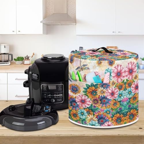 Image of Cozeyat Boho Floral Draggonfly Insulated Pressure Cooker Appliance Cover, Also Fit for Rice Cooker, Air Fryer and Crock Pot, 8 Quart Dust Cover with Pocket for Kitchenware and Recipes, Washable