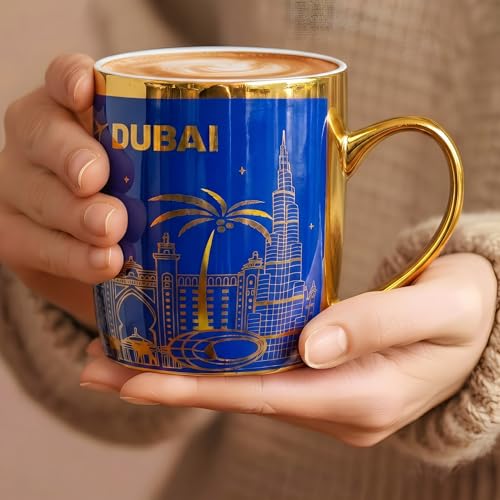Dubai Souvenirs White Gold Ceramic Mug حبيبي تعال إلى دبي | Ceramic Mug 11 Oz/350ml Dubai Landscape | Stylish fashionable Curltural Legacy and Durable Large Mug-Ideal for Home [ Blue/White ]