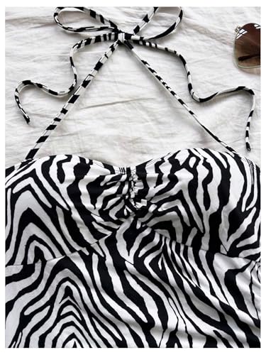 SOLY HUX Women's Zebra Striped Halter Mini Dress Sleeveless Drawstring Split Asymmetrical Hem Bodycon Dresses3