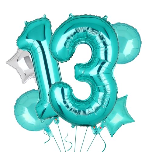 Image of Teal Blue Number 13 Balloons 40 Inch 13th Birthday Mermaid Theme 5 Pcs | Big Helium Mylar Digital Balloon Anniversary Wedding Party Decor Supplies