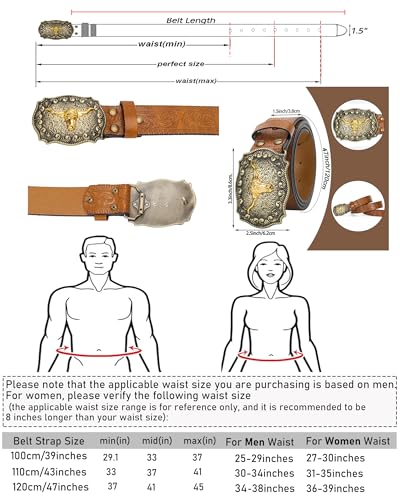 Western Cowboy-Belts for Women Big-Buckle Longhorn-Bull PU-Leather Rodeo Cowgirl-Belt Engraved Floral - Waist 25-38"3