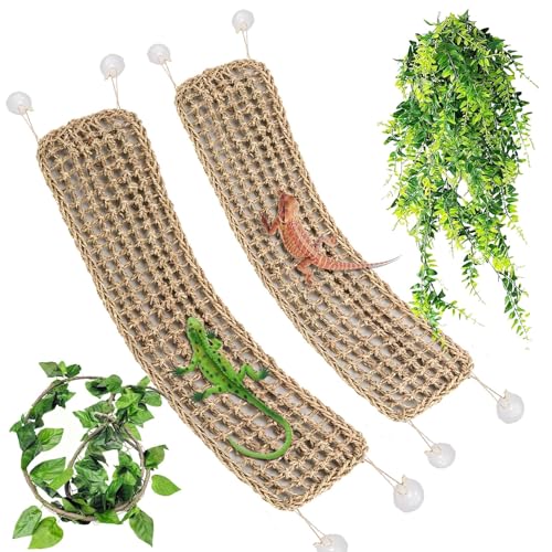 Tfwadmx 2 Pack Large Bearded Dragon Hammock 30x7Lizard Climbing Lounger Natural Seagrass Reptile Hammocks Tank Accessories with Flexible Vines Jungle Leaves Decor for Geckos Snakes Chameleon