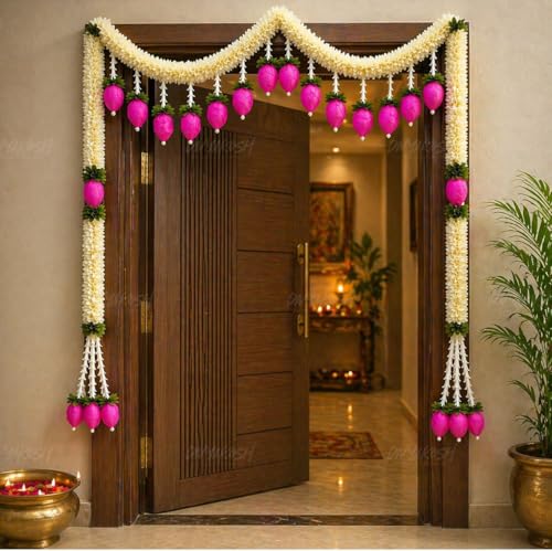 Image of Divyakosh Artificial Flower Door Toran Set, Bandarwal with Lotus Hangings (48 Inch) | Main Door Hanging Decor for Diwali, Wedding, Pooja | Indian Festive Home Entrance Decoration White Pink |
